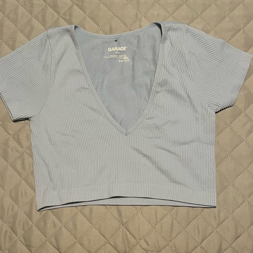 Garage Sky Blue Ribbed V-Neck Crop Top